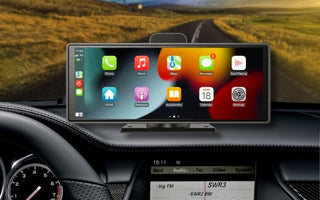 A Lovely Car Smart 10-Inch CarPlay Screen going down a beautiful road.