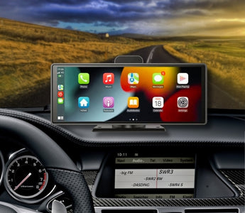 A Lovely Car Smart 10-Inch CarPlay Screen going down a beautiful road.