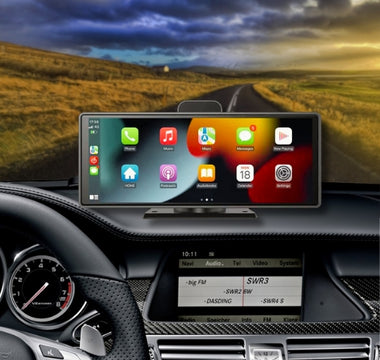 A Lovely Car Smart 10-Inch CarPlay Screen going down a beautiful road.