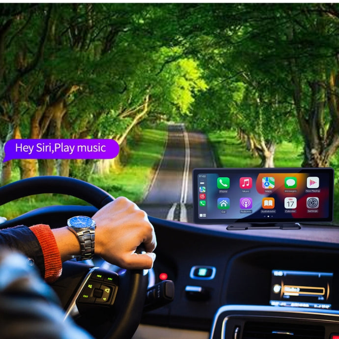 An amazing 10-inch carplay screen going down a scenic road with voice commands so you can keep your eyes on the road.