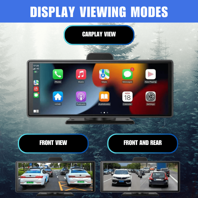 Check out our different viewing modes that the 10-inch carplay touchscreen can do. We got carplay view, a front view, or a split front and rear view.