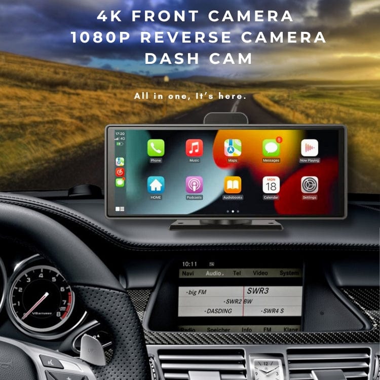 The Car Smart 10-Inch Carplay Screen For Car comes with a 4K Front, 1080P Rear, and Dashcam capabilities.