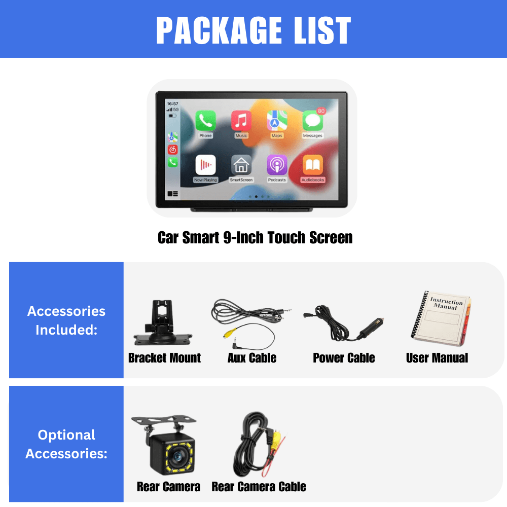 The car smart 9-inch carplay touchscreen comes with all of the accessories neededd so that you can start to enjoy it. There is also a optional reverse camera that you can get so that you can make parking that much easier.